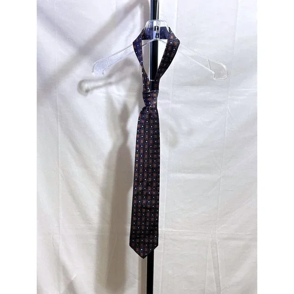 Robert Talbots Navy Blue Orange Geometric Square Pattern Silk Mens Tie